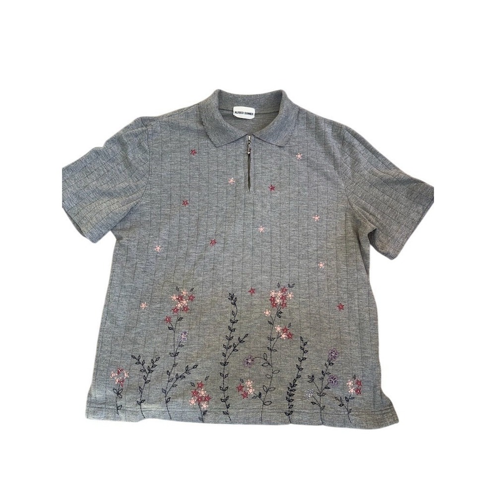 Polo‎ Shirt Womens XL Gray Ribbed Zip Neck Floral Embroidery grandmacore - Picture 2 of 4